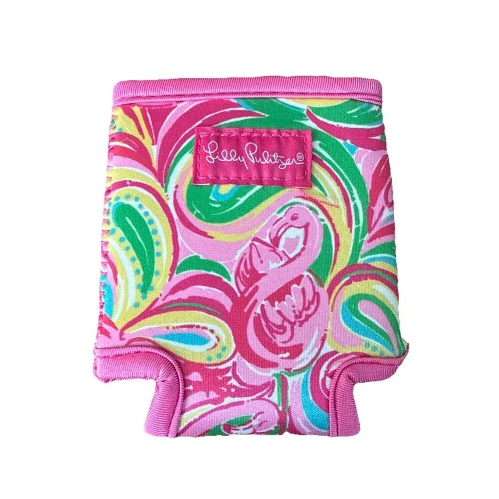 Lilly Pulitzer Drink Hugger Koozie Pink Flamingos Pattern Pink, Green, Blue